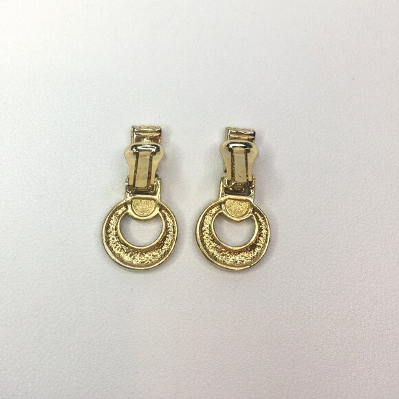Vintage Gold and Blue Enamel Retro Clip on 80s Dangle Circle Round Earrings - Picture 3 of 3